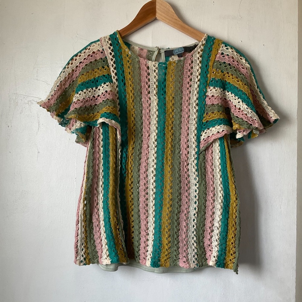 Eva Franco Anthro Knit Flutter Sleeve Candy Striped Top Semi Sheer Women's Small